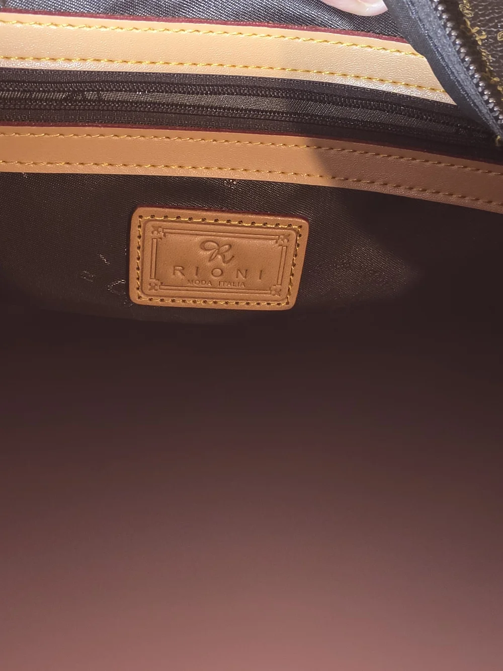 RIONI Brown Monogram Satchel Handbag with Tan Trim